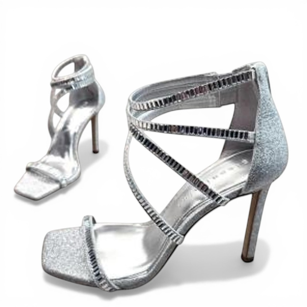 GIANNI BINI Silver Glitter Heels Women Strappy Rhinestone Sandals Size 9.5